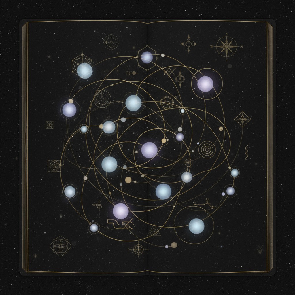 La représentation d'un carnet de plan, comprenant des cercles, des sphères et des constituants décoratifs.