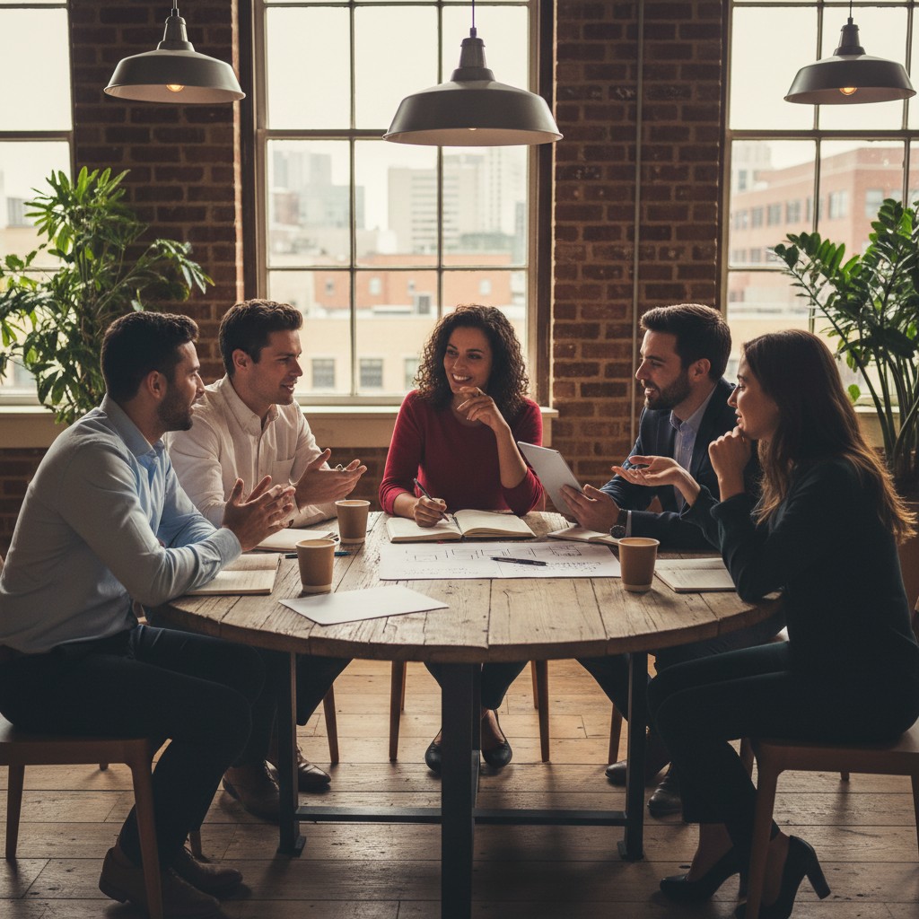 A diverse group of five people, seated around a round wooden table, engaged in a collaborative discussion, with a window b...