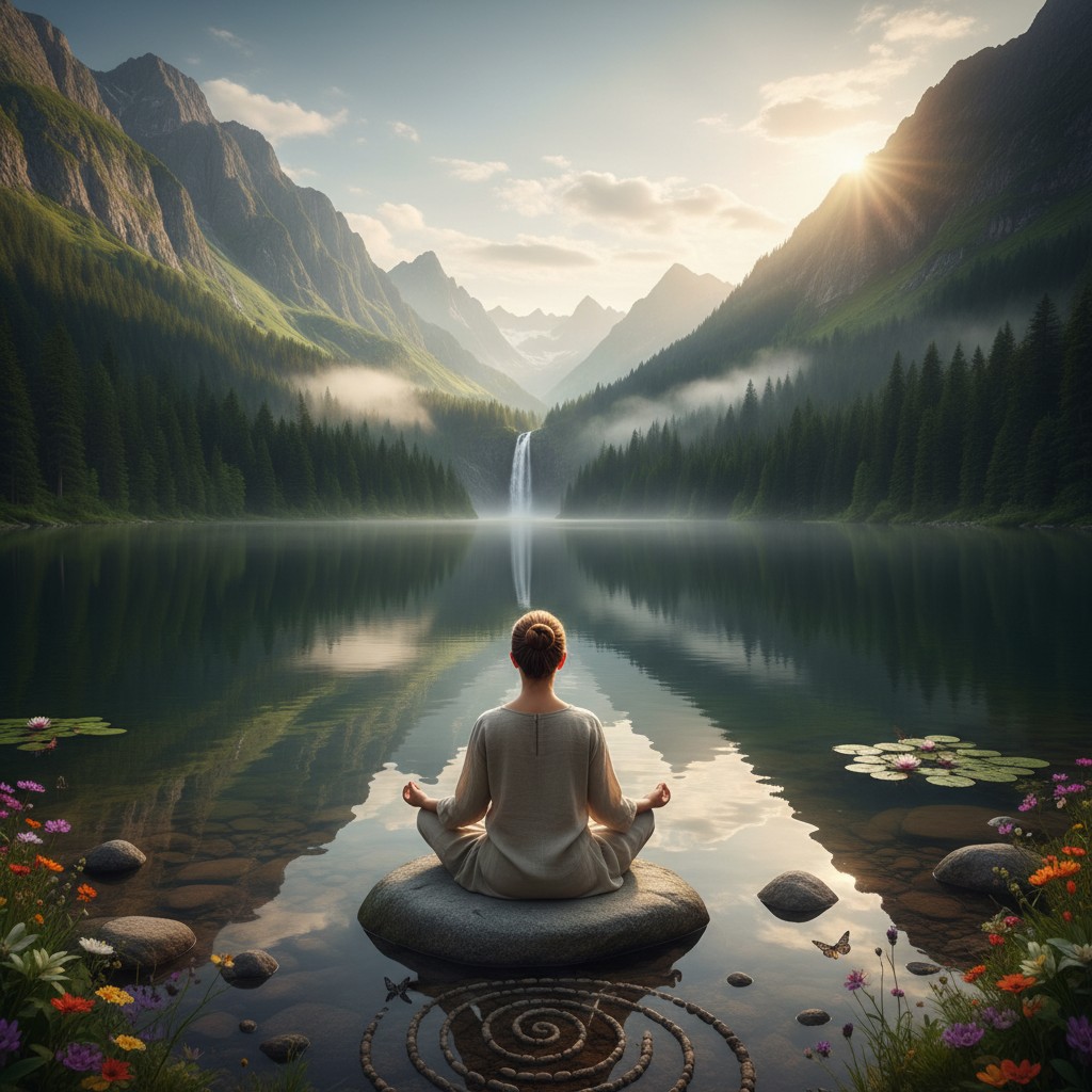 Une femme médite sur le côté d'un lac en montagne.